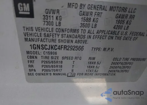 2015 Chevrolet Suburban 1500 Lt from USA, damaged, VIN 1GNSCJKC4FR292566